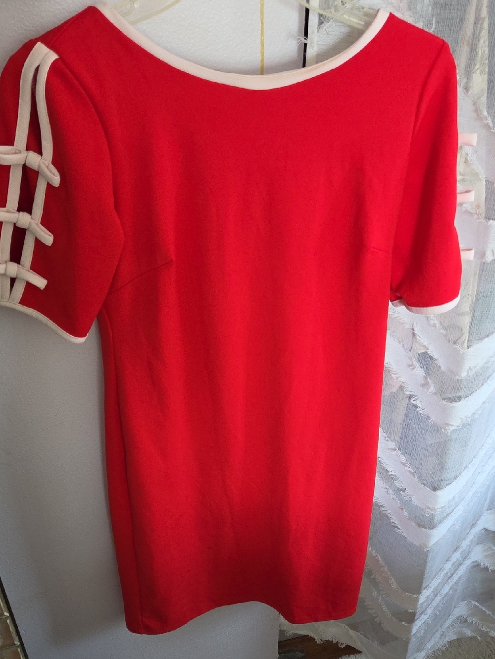 Red Women's Short Sleeve Shift Top with White Trim